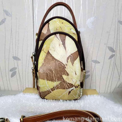 Picture of Small Leather Backpack with brown yellow Botanical Print | Komang Darmiani