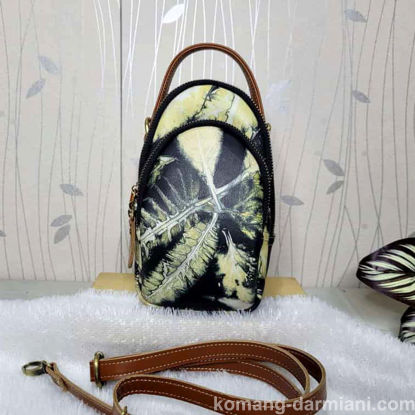Picture of Small Leather Backpack with black yellow Botanical Print | Komang Darmiani