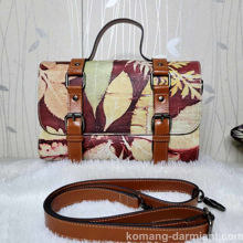 Imagen de Botanical Compact ladies handbag - burgundy and yellow with tan straps | Komang Darmiani