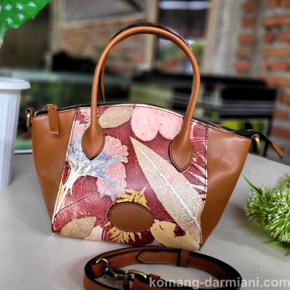 Picture of Tan Leather handbag with red/pink Botanical print inset | Komang Darmiani