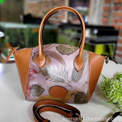 Picture of Leather handbag with violet Botanical print inset | Komang Darmiani