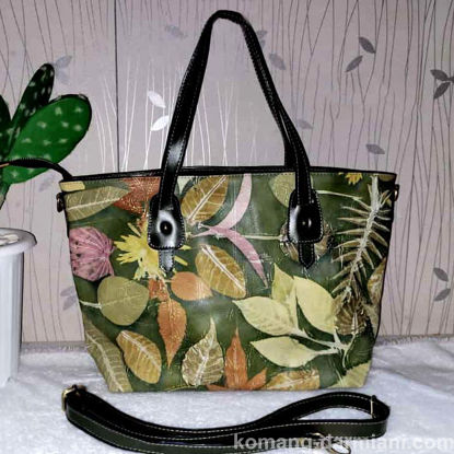 Picture of Nature-Inspired green Botanical Print Leather Shopping Bag  with black handles