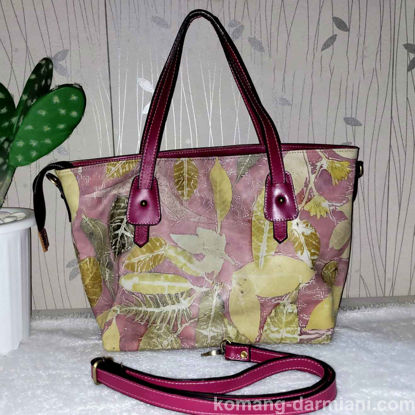 Picture of Nature-Inspired pink Botanical Print Leather Shopping Bag with black handles