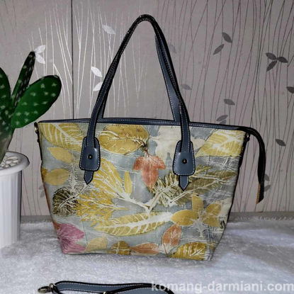 Picture of Nature-Inspired grey yellow Botanical Print Leather Shopping Bag with black handles