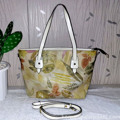 Picture of Nature-Inspired pale yellow Botanical Print Leather Shopping Bag with white handles